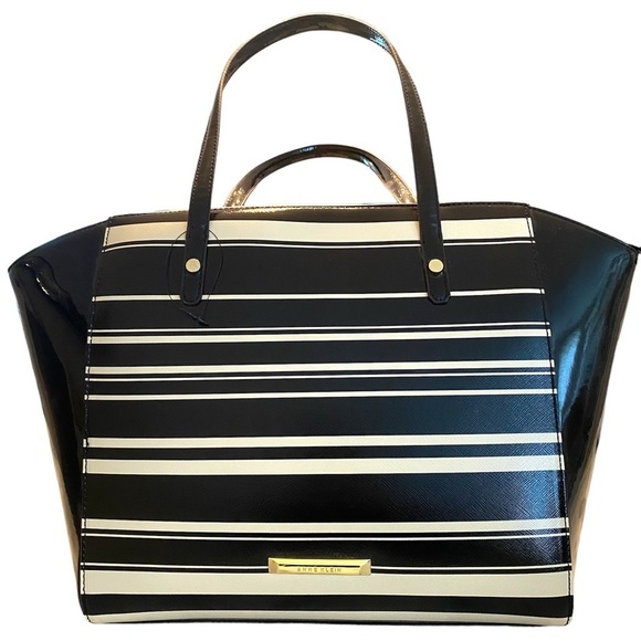Anne Klein Handbags - Anne Klein Black and Cream Faux Patent Leather Striped Shoulder Bag